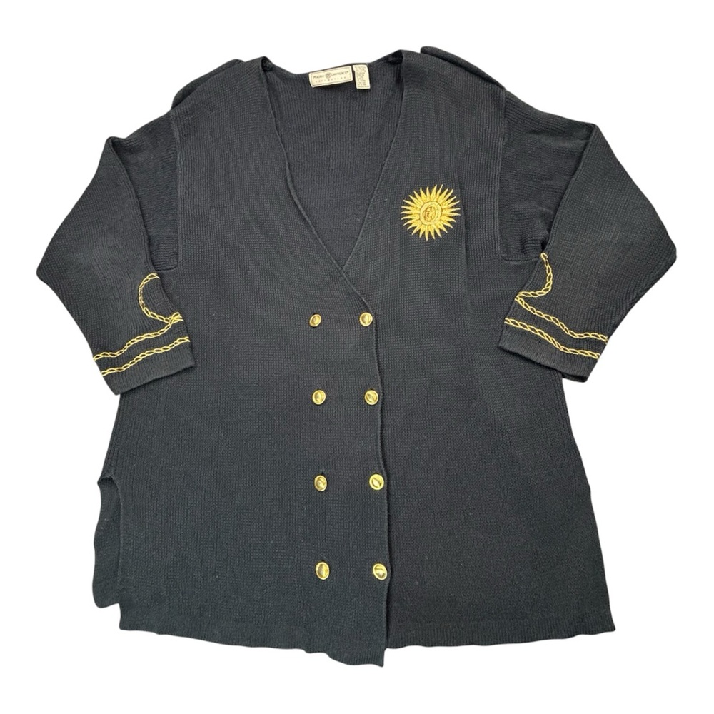 Maggie Lawrence Vintage Cardigan Navy Blue Gold Sun Star Nautical OS Ramie
